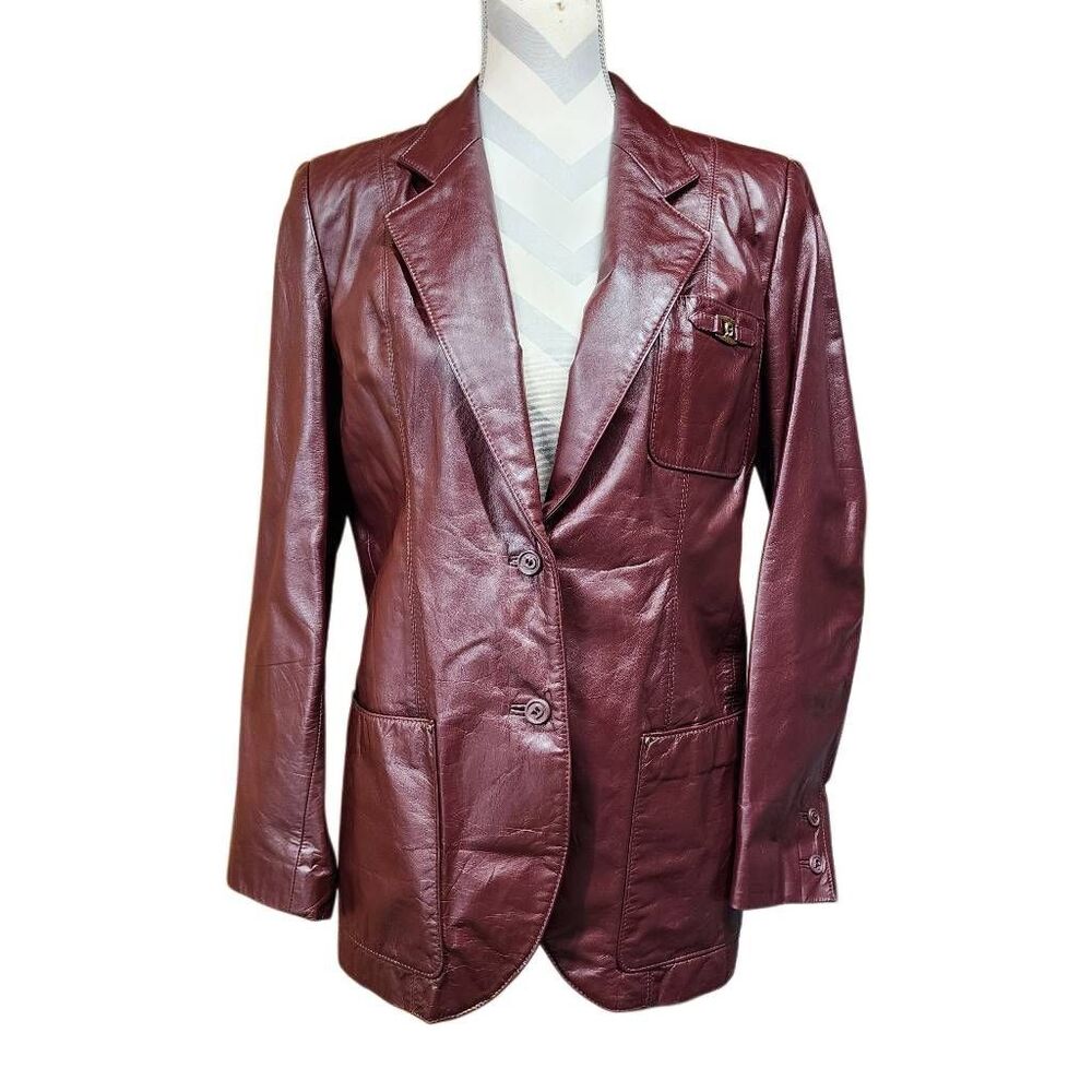Etienne Aigner Burgundy Genuine Leather Blazer Jacket Women's Size 12 Vintage - Picture 3 of 10